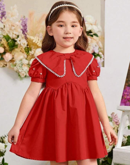 Divine White Laced Bow Neck Red Colour Cotton Dress