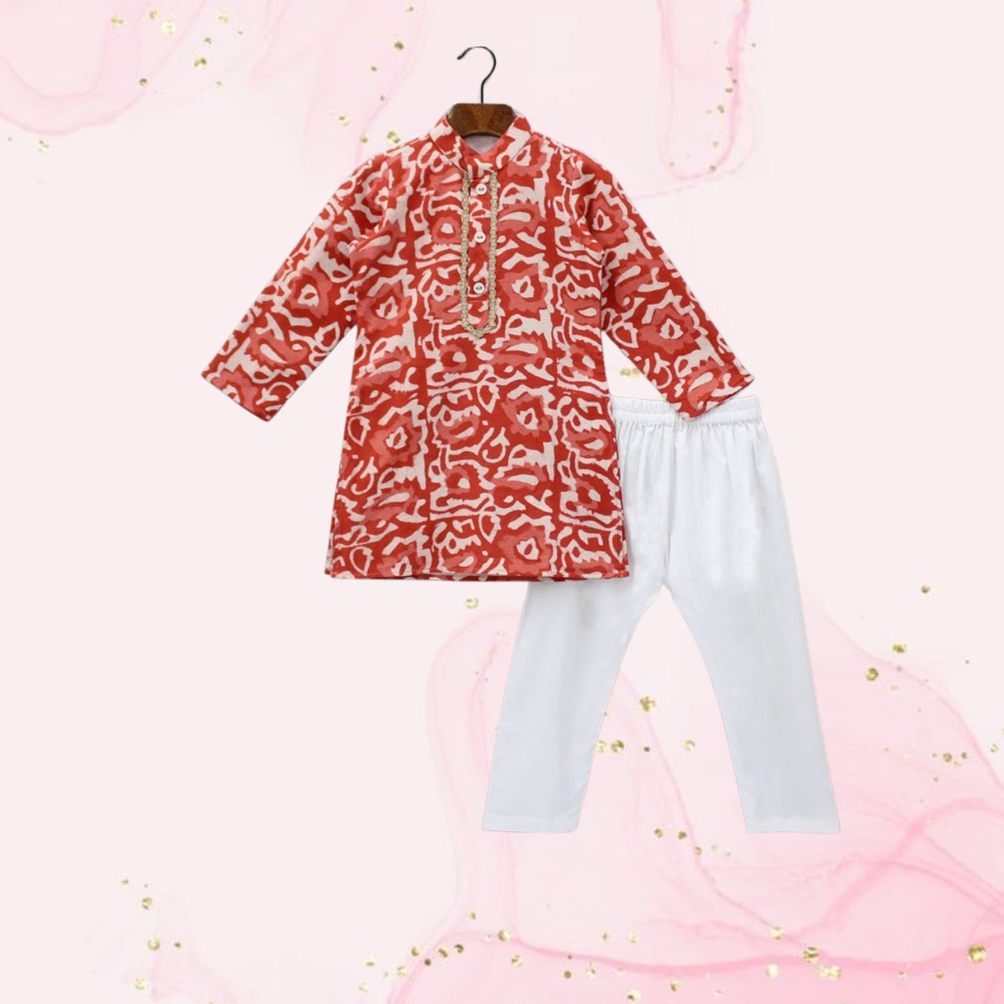 Pre Order: Ethnic Printed Lace Detailed Red Kurta With Pyjama