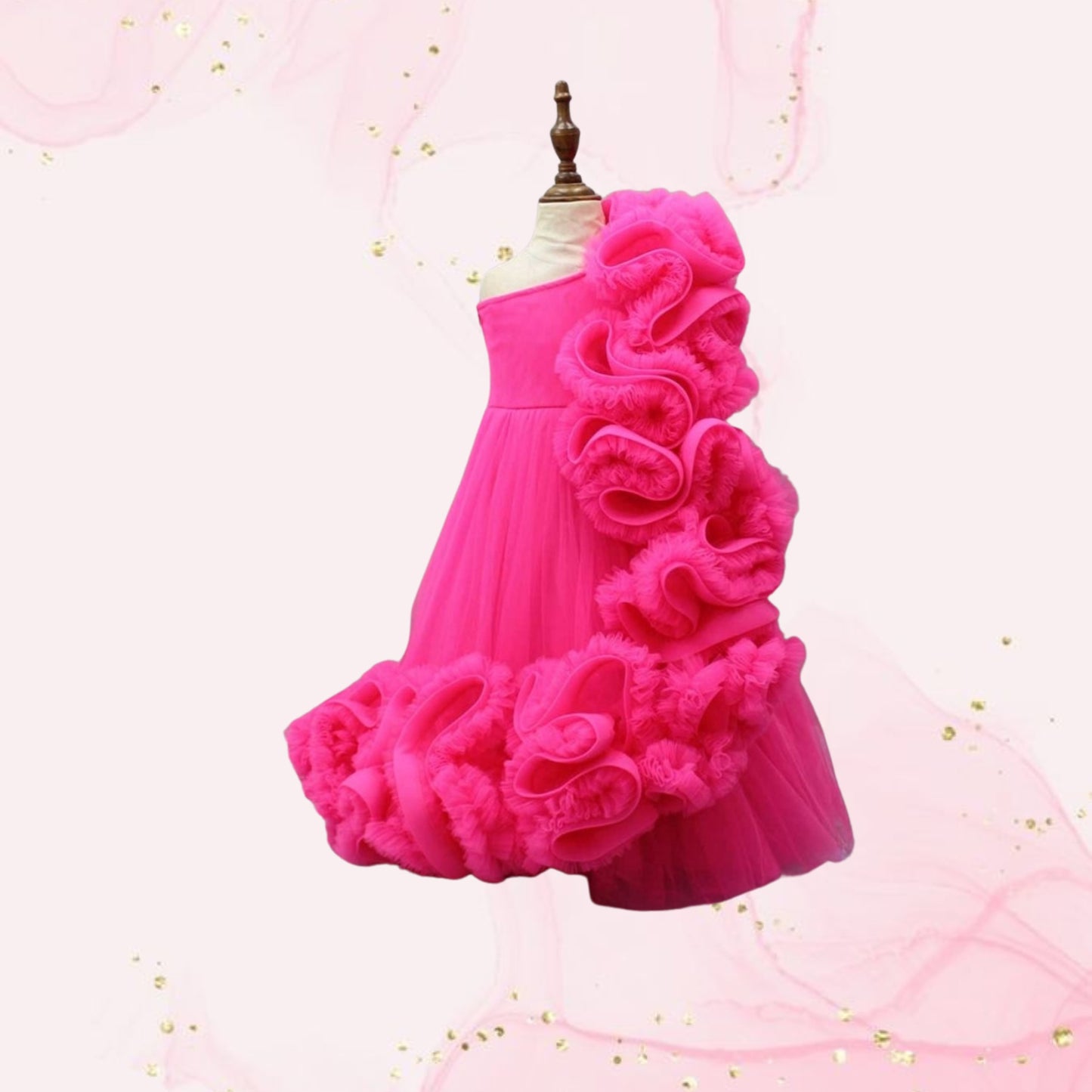 Pre Order: Pink One Shoulder Ruffle Net Gown