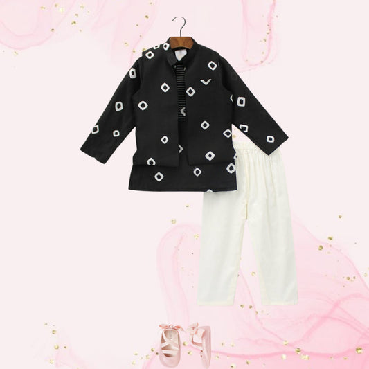 Pre Order: Bandhani Printed Black Kurta And Jacket With Off White Pyjama