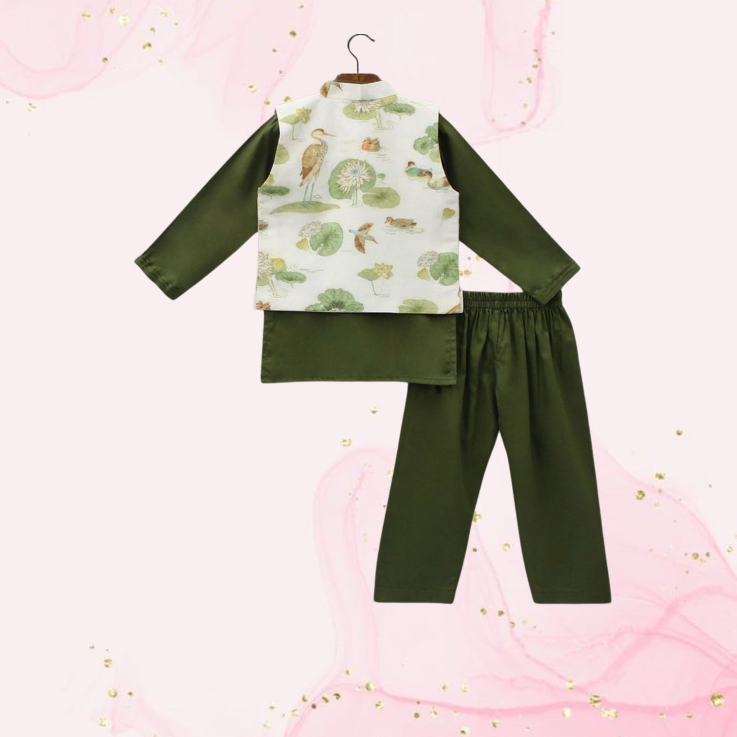 Pre Order: Green Kurta And Printed Jacket With Pyjama