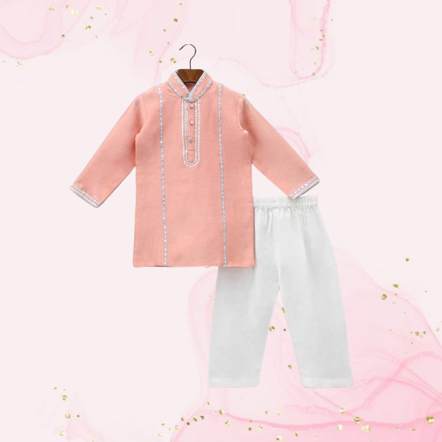 Pre Order: Fuax Mirror And Gota Lace Detail Peach Kurta And Pyjama