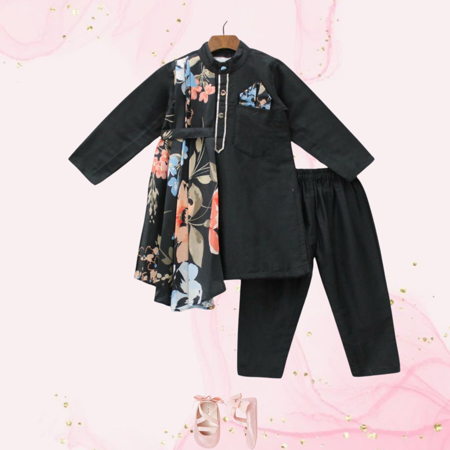 Pre Order: Stylish Black Kurta With Attached Printed Flap And Pyjama