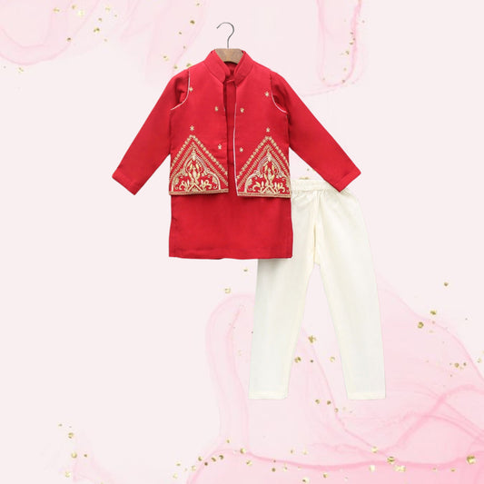 Pre Order: Red Kurta With Front Open Embroidered Jacket And Churidar