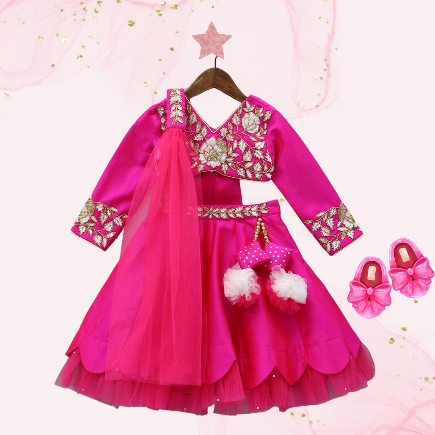 V Neck Floral Embroidered Pink Top And Scalloped Hem Lehenga With Net Dupatta