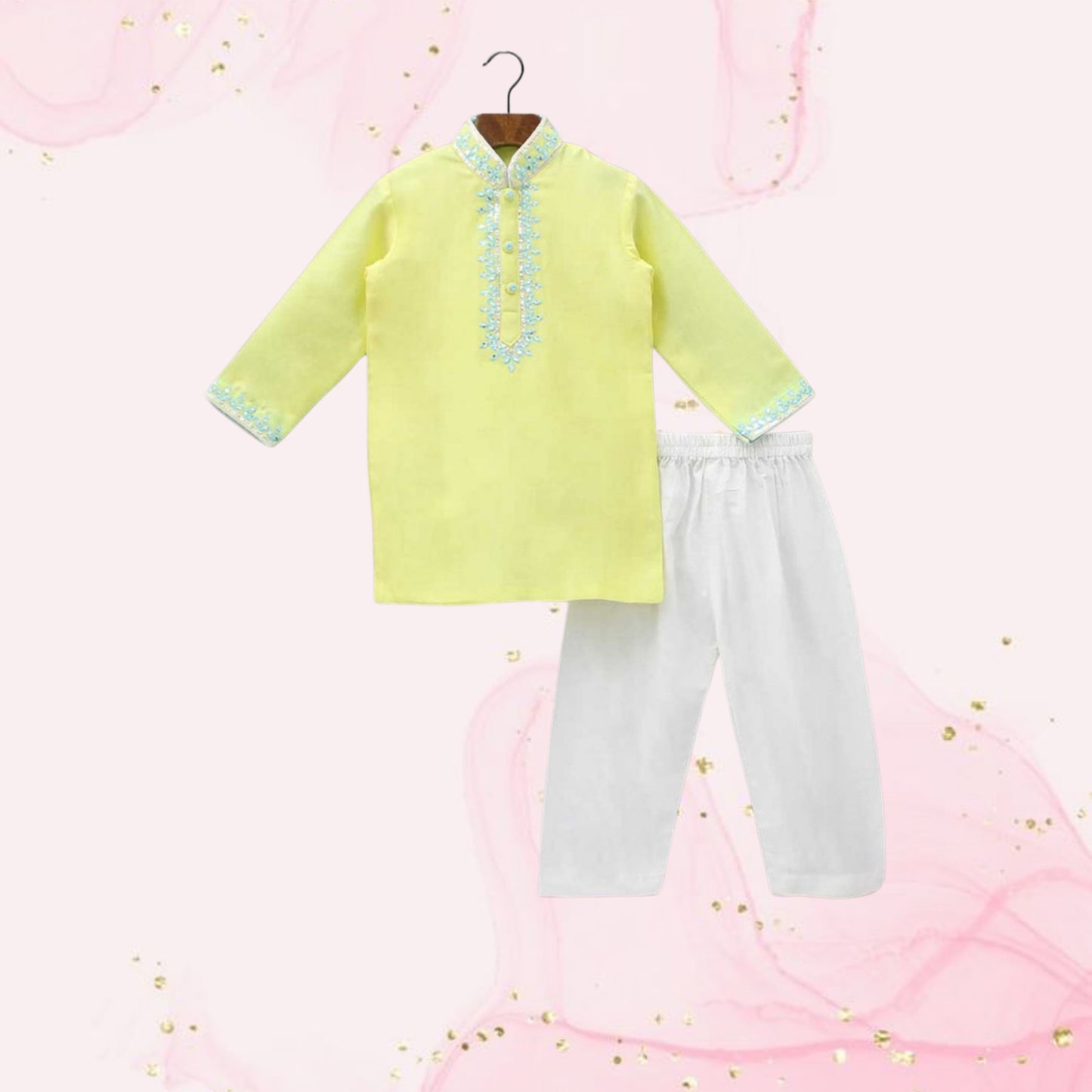 Pre Order: Fuax Mirror And Gota Lace Detail Kurta And Pyjama