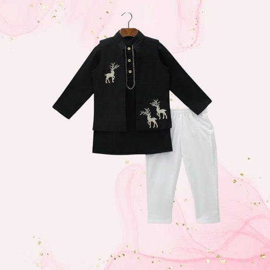 Pre Order: Black Embroidered Kurta With Jacket And Pyjama