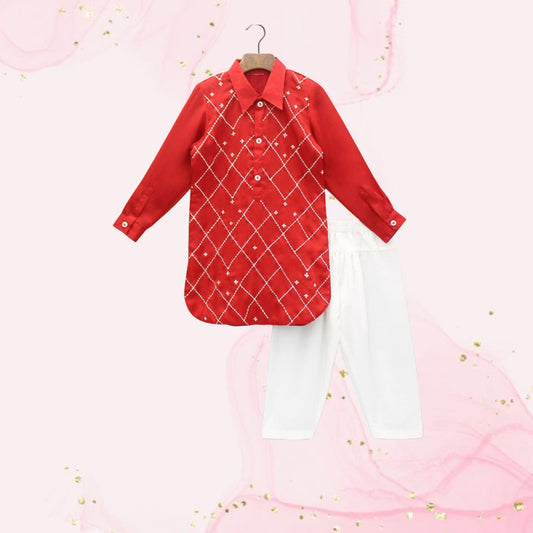 Pre Order: Embroidered Stylish Red Kurta With Salwar