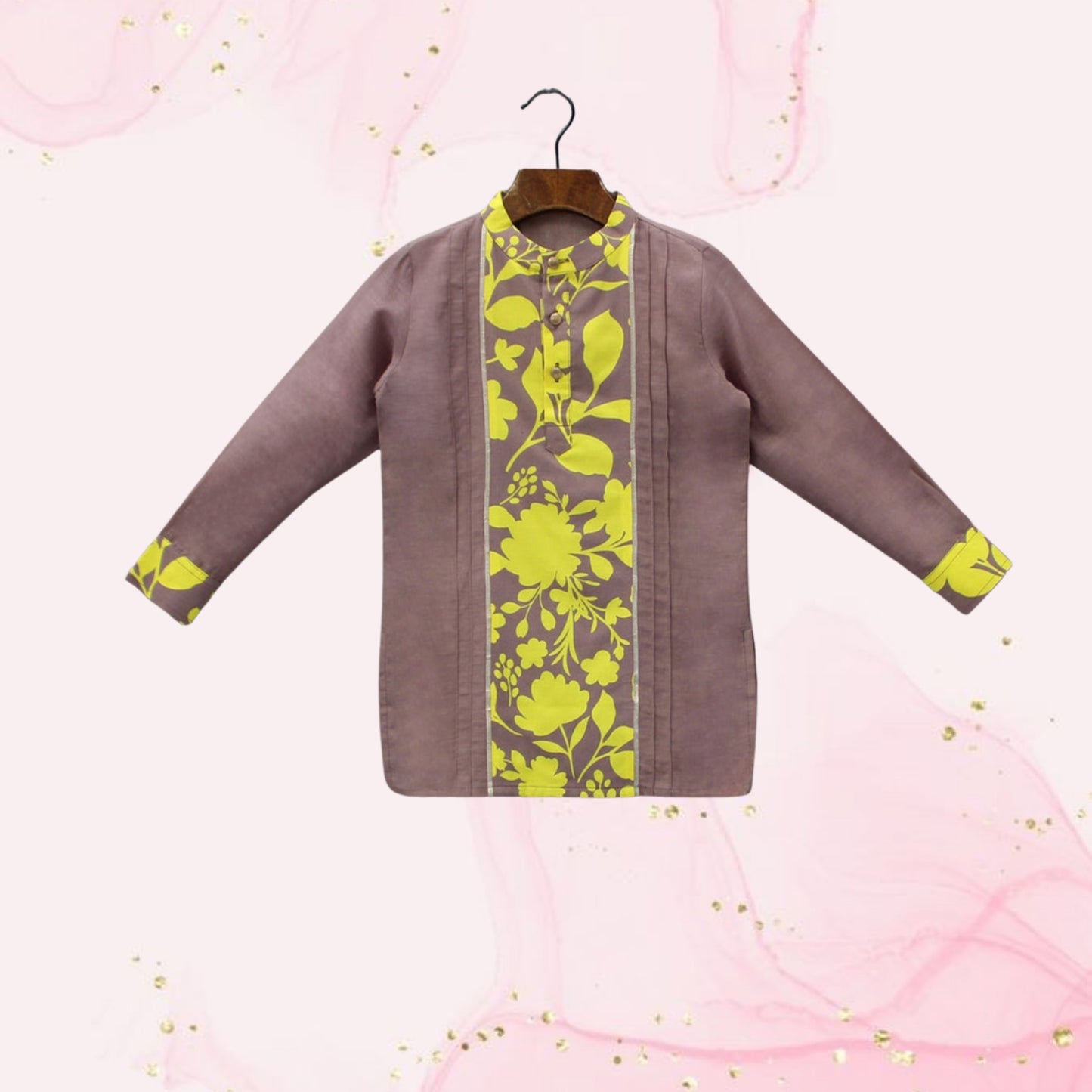 Pre Order: Yellow Floral Printed Pintuck Brown Kurta And Pyjama