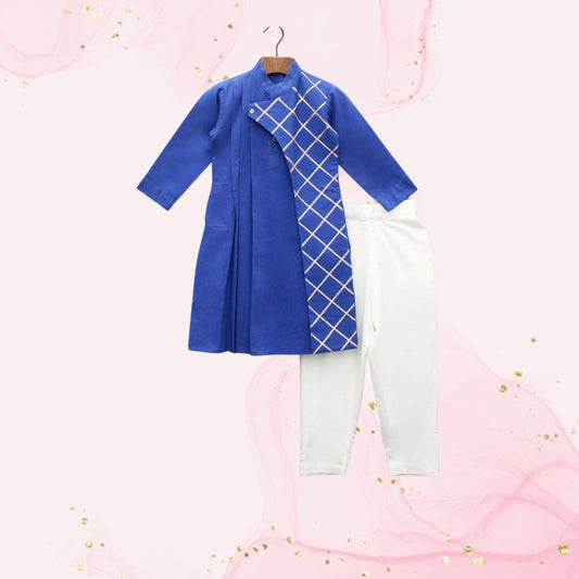 Pre Order: Blue Pleated One Side Flap Stylish Kurta With Pant