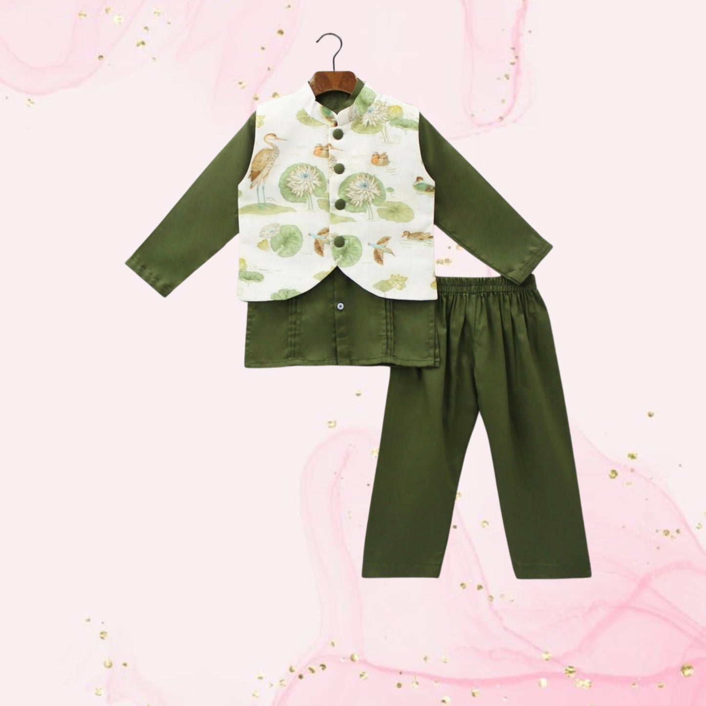 Pre Order: Green Kurta And Printed Jacket With Pyjama