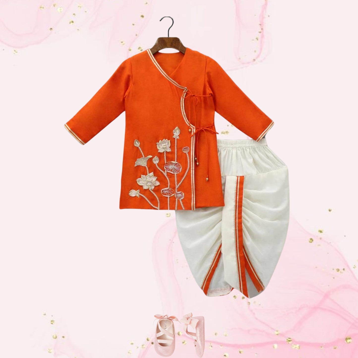 Pre Order: Embroidered Angrakha Style Orange Kurta With Lace Work Dhoti