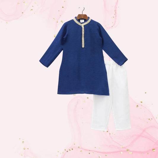 Pre Order: Sequins Embellished Lace Work Dark Blue Kurta And Pyjama