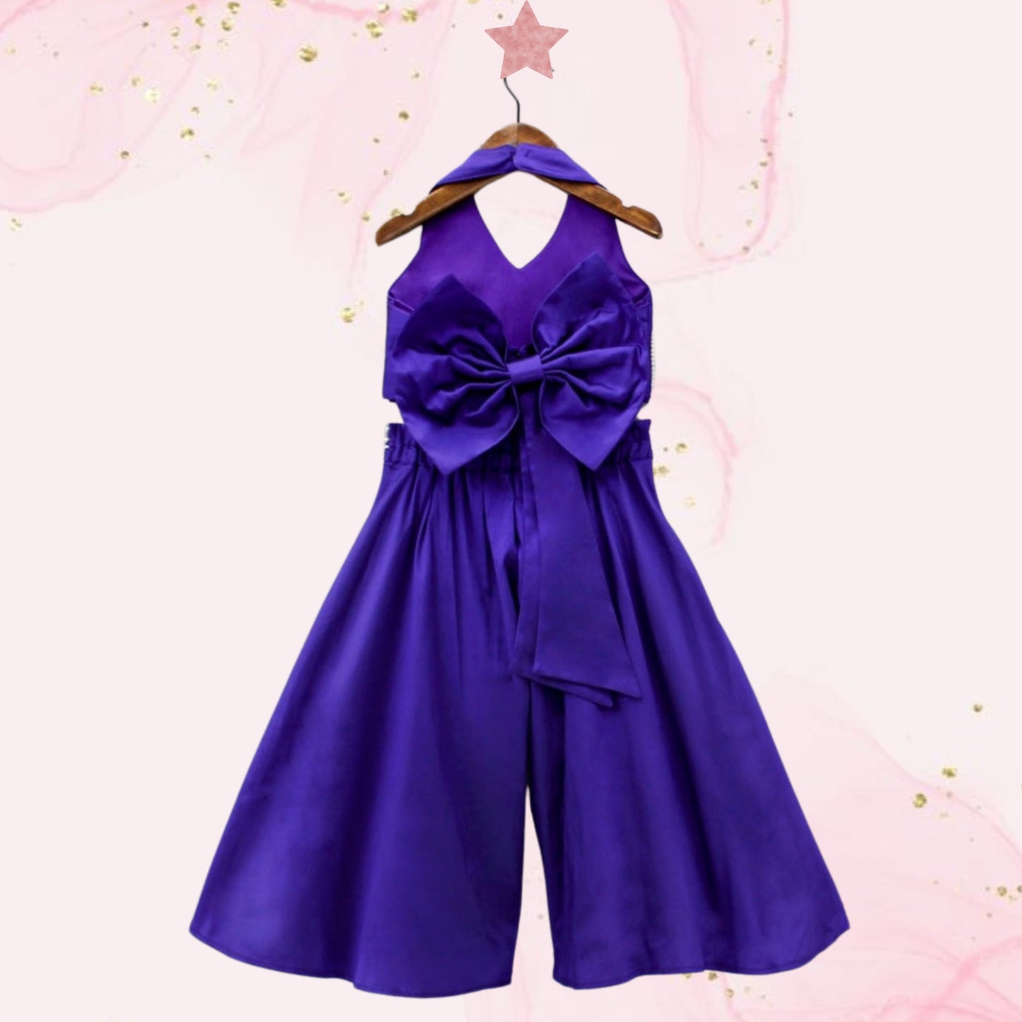 Purple Halter Neck Back Bow Enhanced Top With Flared Palazzo