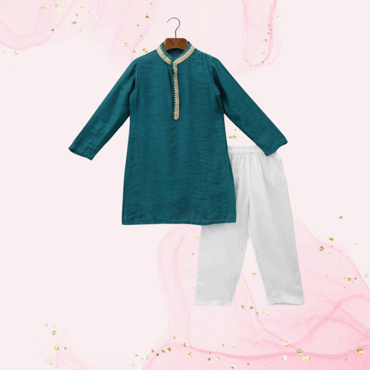 Pre Order: Sequins Embellished Lace Work Teal Blue Ethnic Kurta And Pyjama