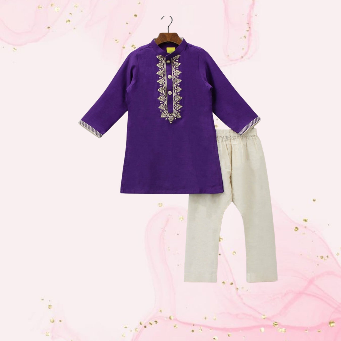 Pre Order: Purple Zari Embroidered Kurta And Beige Pyjama