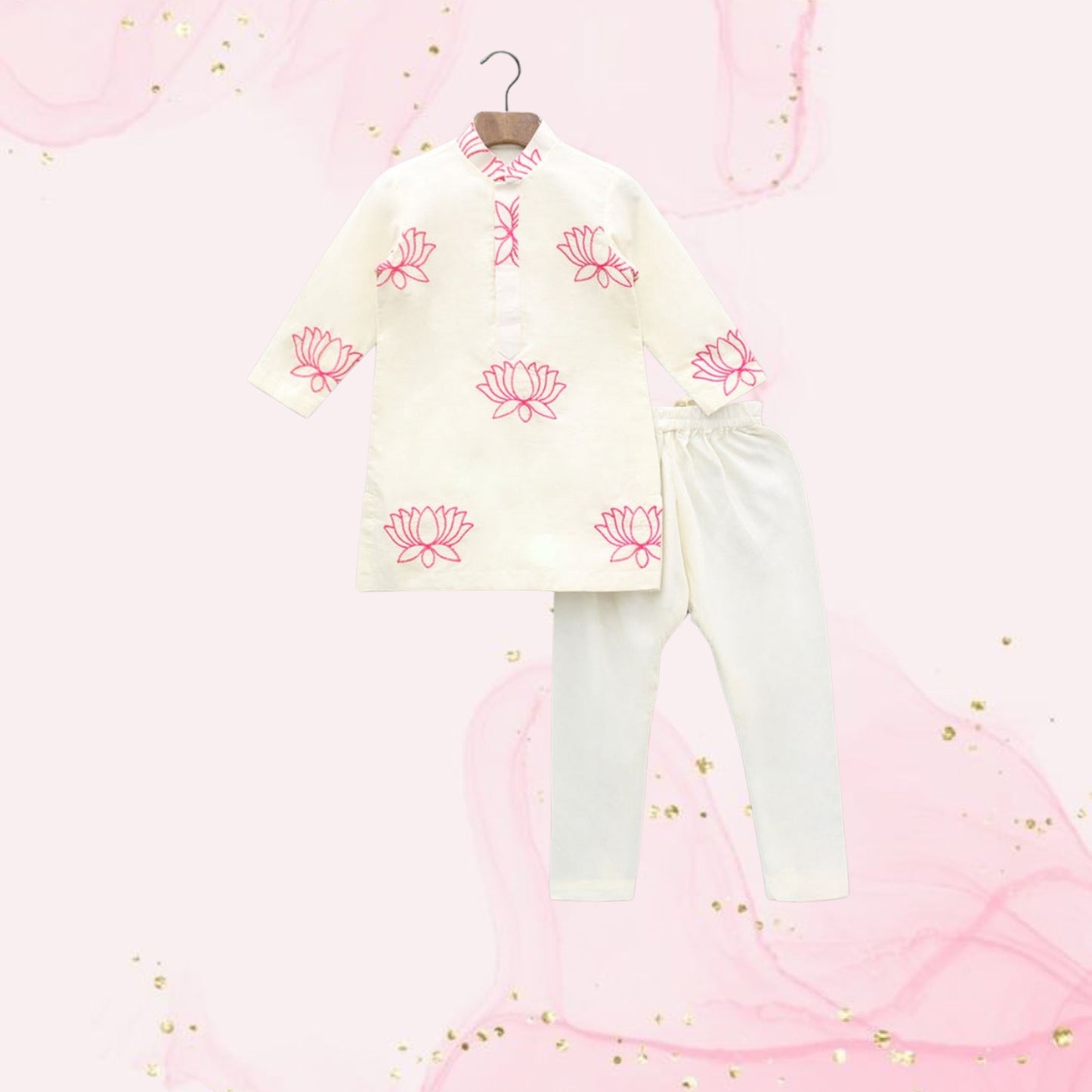 Pre Order: Lotus Embroidered Kurta With Pink Jacket And Churidar