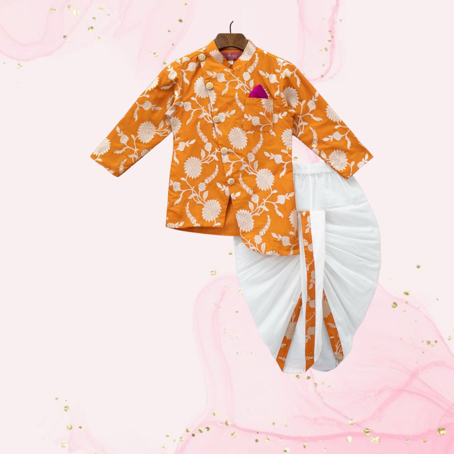 Pre Order: Orange Floral Brocade Asymmetric Kurta With Dhoti