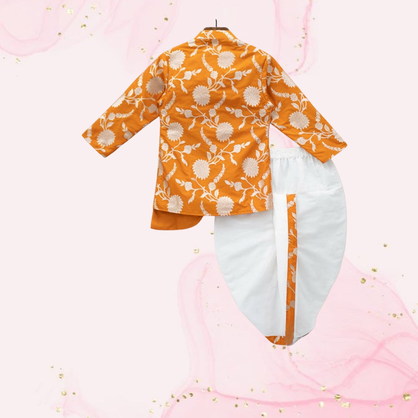 Pre Order: Orange Floral Brocade Asymmetric Kurta With Dhoti