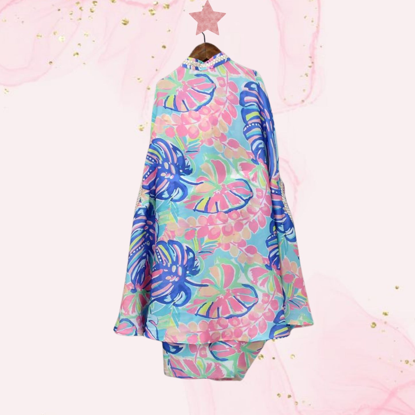 Multicolour Printed Lace Work Top With Cape And Dhoti Style Skirt