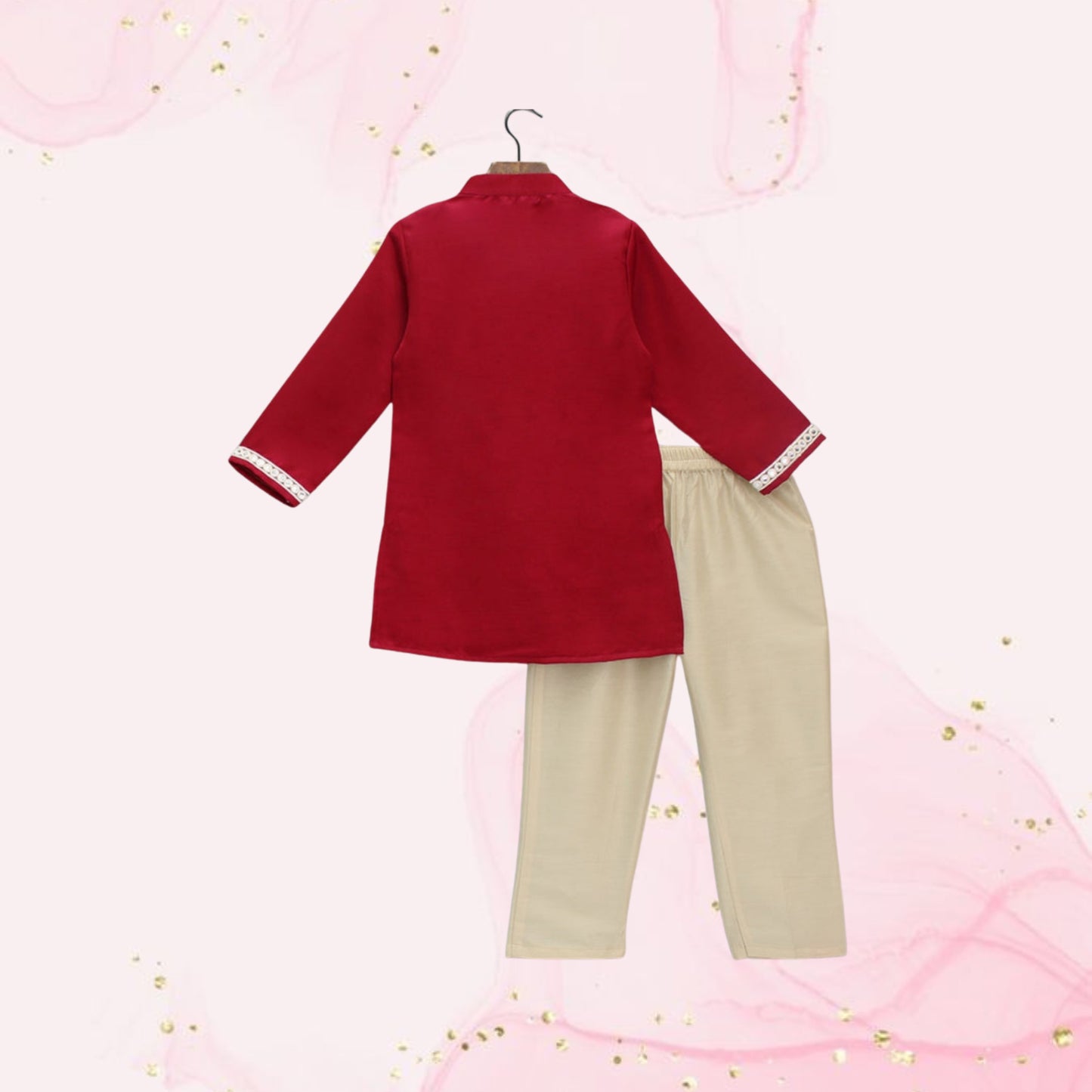 Pre Order: Faux Mirror Lace Detail Red Kurta And Pyjama