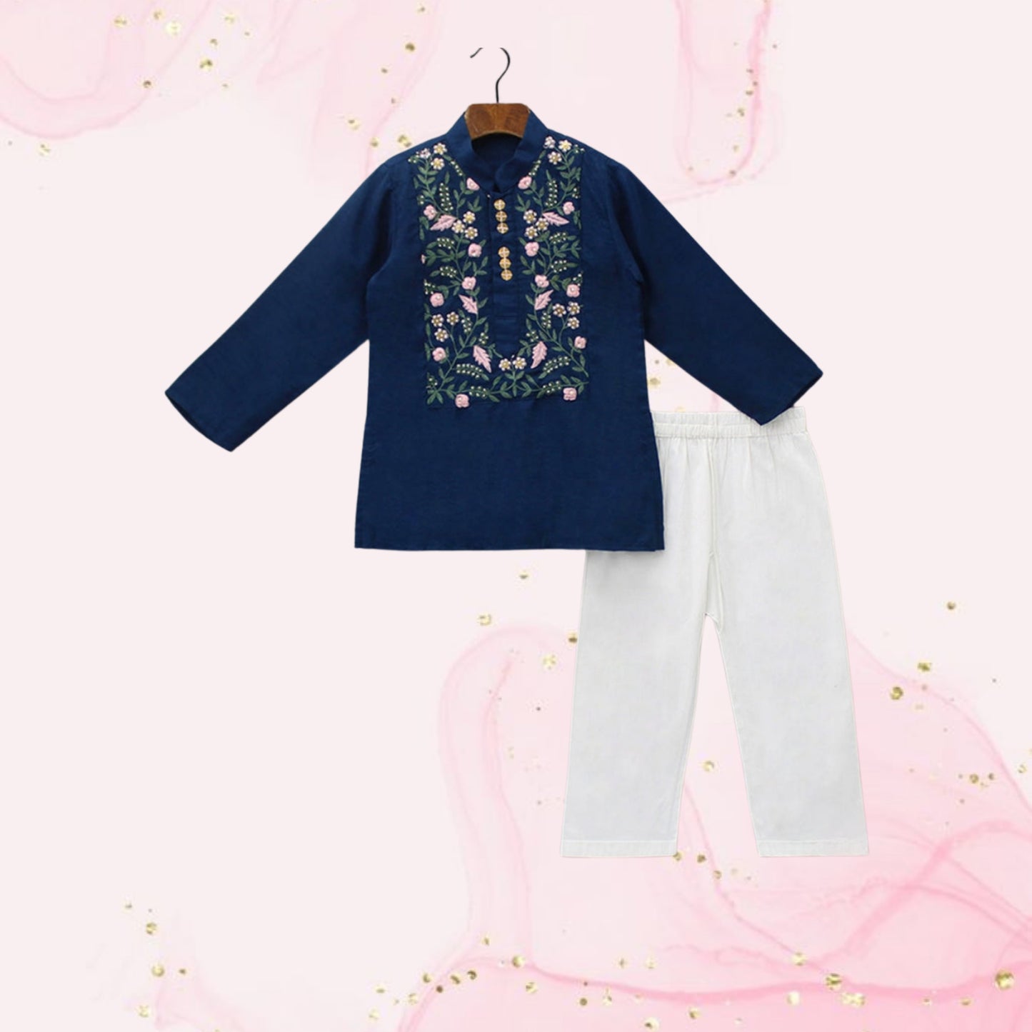 Pre Order: Floral Embroidered Kurta And White Pyjama