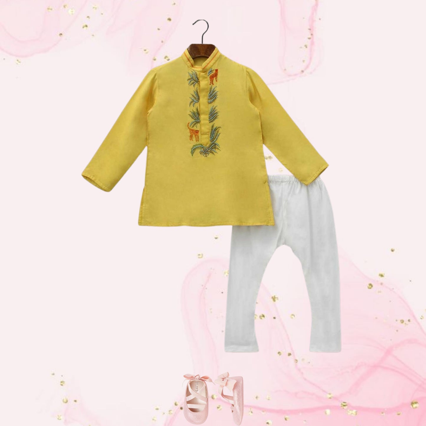 Pre Order: Yellow Kurta With Animal Embroidery And Pyjama