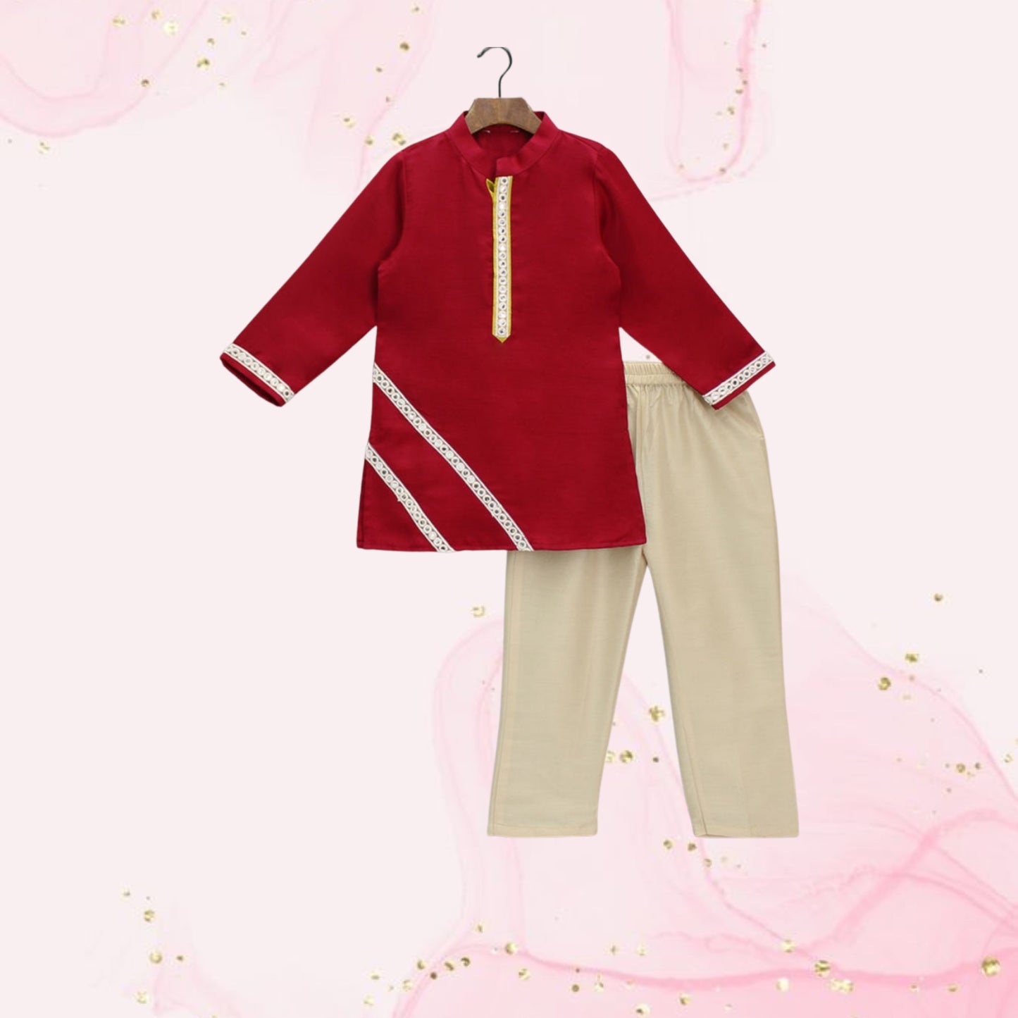 Pre Order: Faux Mirror Lace Detail Red Kurta And Pyjama