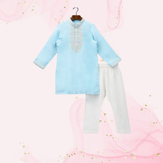 Pre Order: Thread Embroidered Blue Kurta And Pyjama