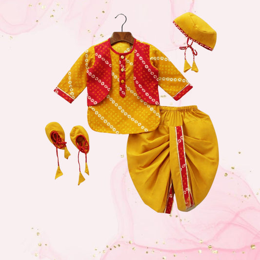 Pre Order: Bandhani Printed Kurta With Attached Jacket And Dhoti With Cap And Booties