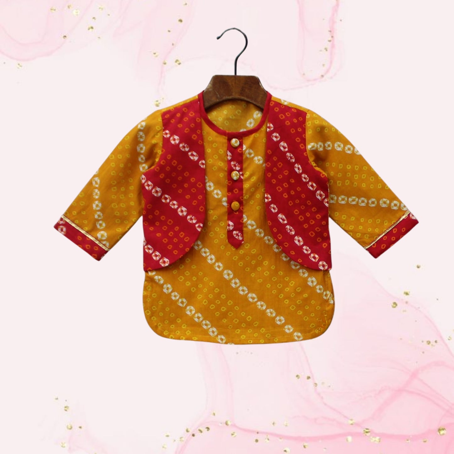 Pre Order: Bandhani Printed Kurta With Attached Jacket And Dhoti With Cap And Booties