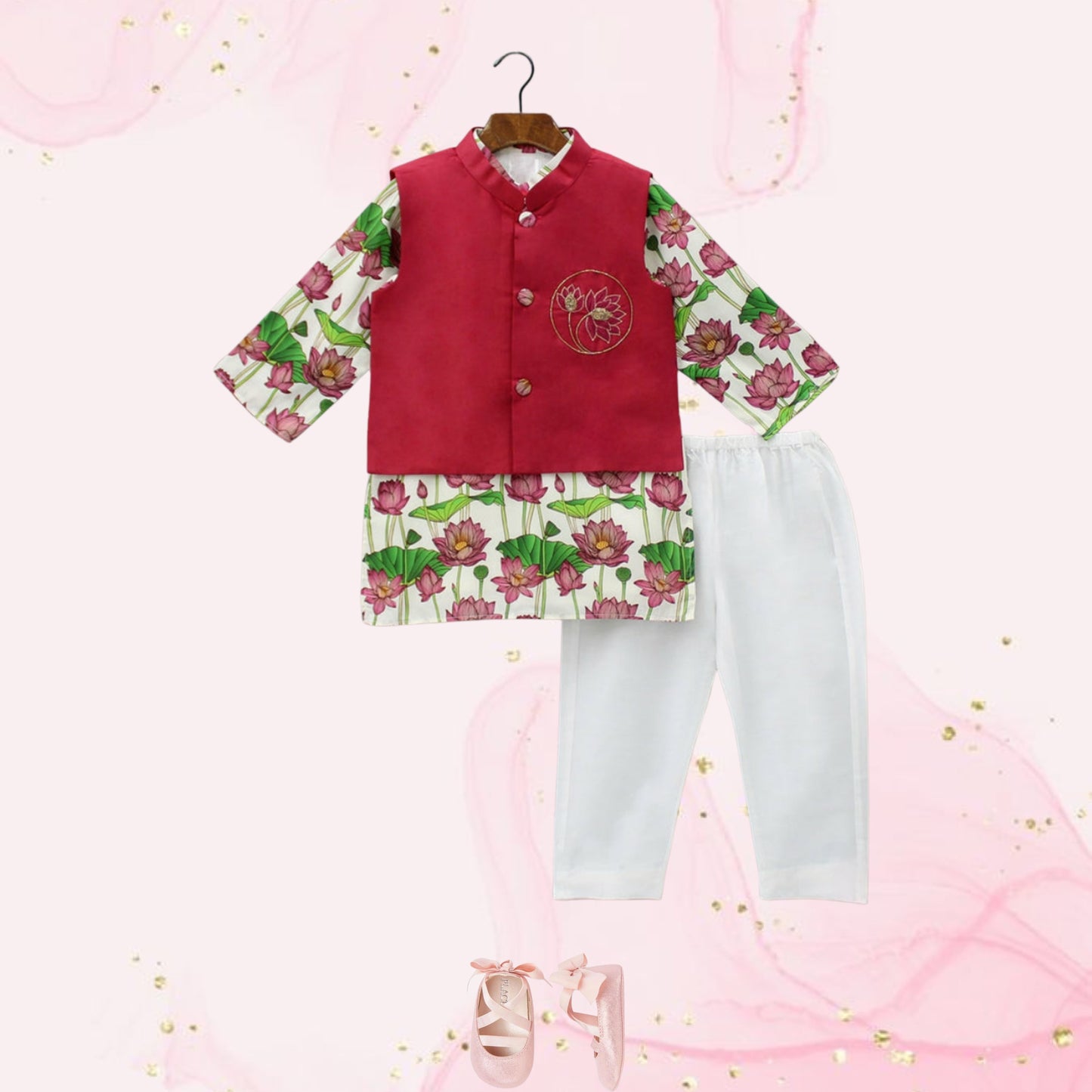 Pre Order: Lotus Printed Kurta And Embroidered Jacket With Pyjama