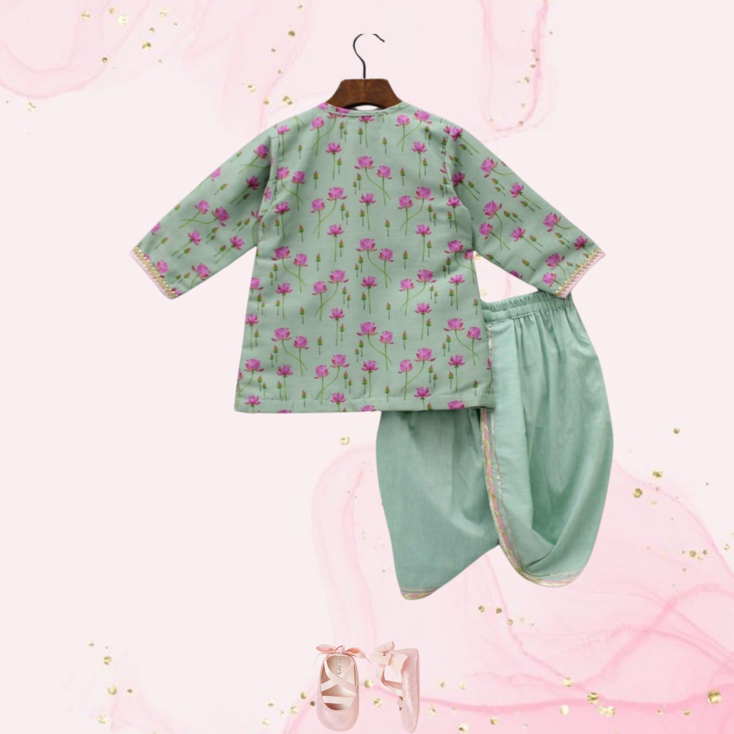 Pre Order: Floral Printed Mint Green Tie Up Angrakha Kurta And Dhoti With Baby Pink Mukut