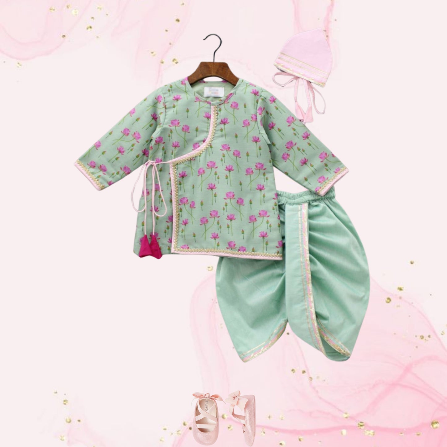 Pre Order: Floral Printed Mint Green Tie Up Angrakha Kurta And Dhoti With Baby Pink Mukut