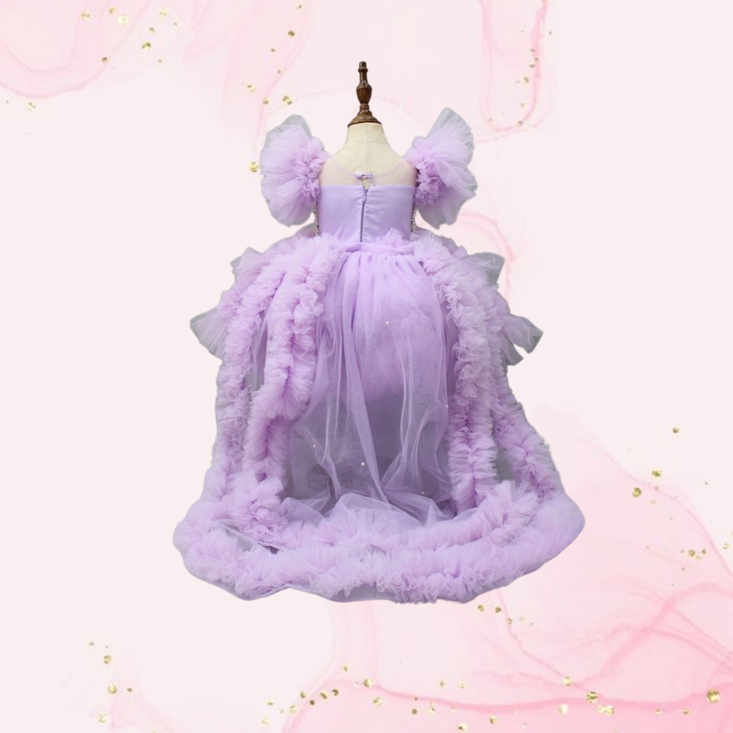 Pre Order: Embellished Layered Lilac Dress With Detachable Trail And Bow With Swirled Bowie Headband