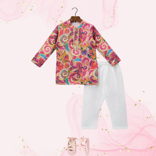 Pre Order: Ethnic Multicolour Printed Kurta And White Pyjama