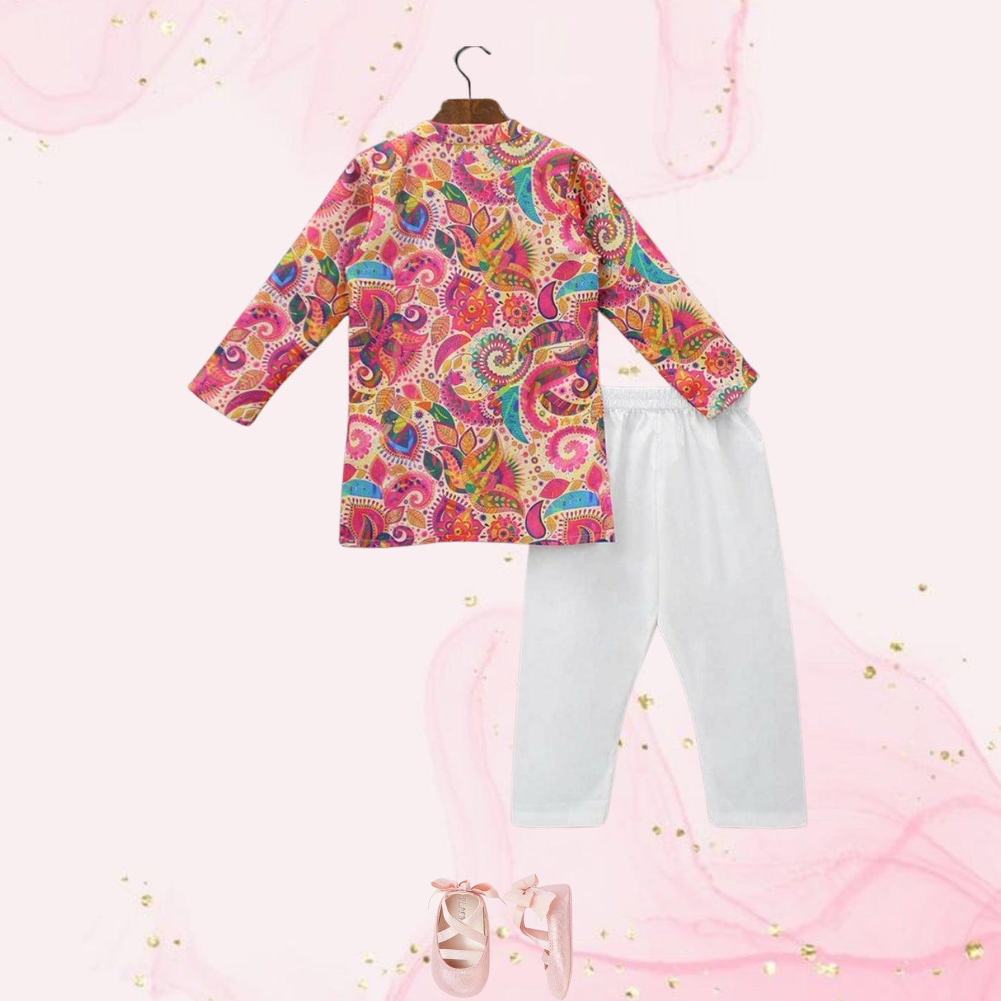 Pre Order: Ethnic Multicolour Printed Kurta And White Pyjama