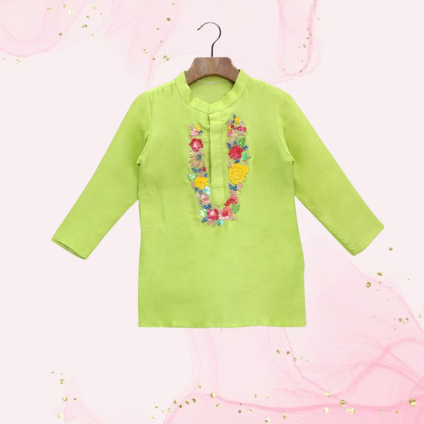 Pre Order: Floral Embroidered Green Kurta And Matching Pyjama