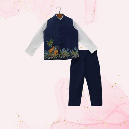 Pre Order: Shirt And Jungle Theme Embroidered Jacket With Pant