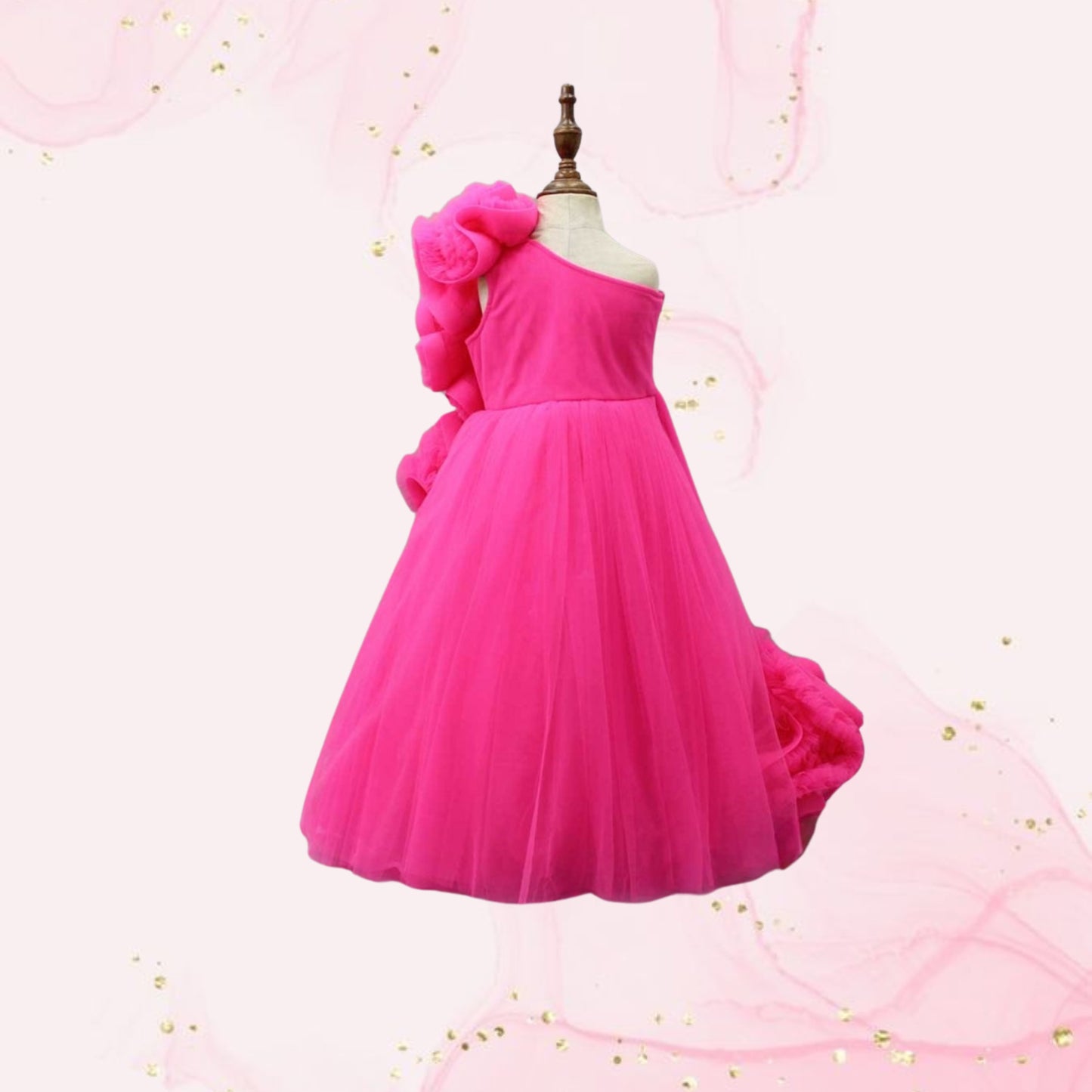 Pre Order: Pink One Shoulder Ruffle Net Gown