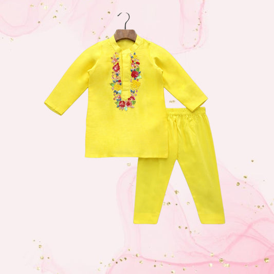 Pre Order: Floral Embroidered Yellow Kurta And Matching Pyjama