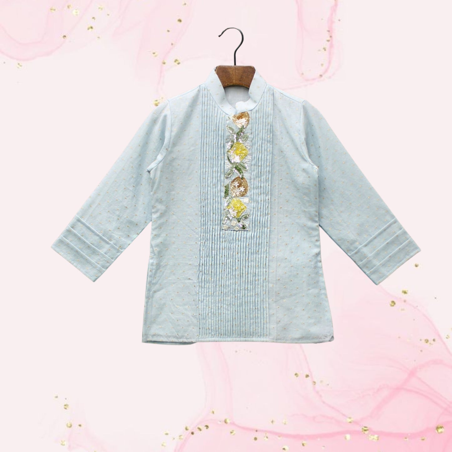 Pre Order: Chanderi Embroidered Blue Kurta With Pintucks And Pyjama