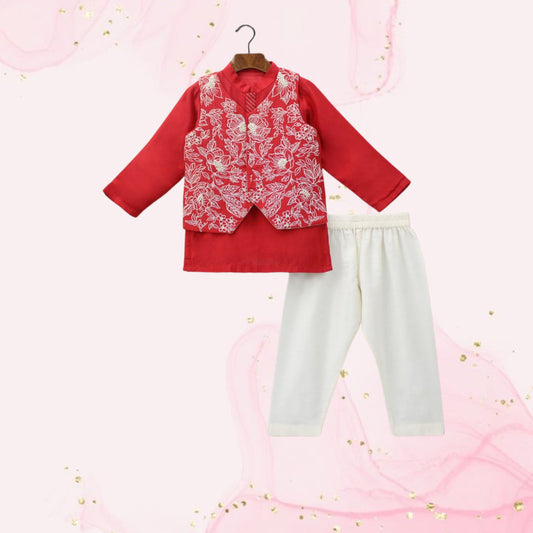 Pre Order: Embroidered Red Jacket With Kurta And Pyjama