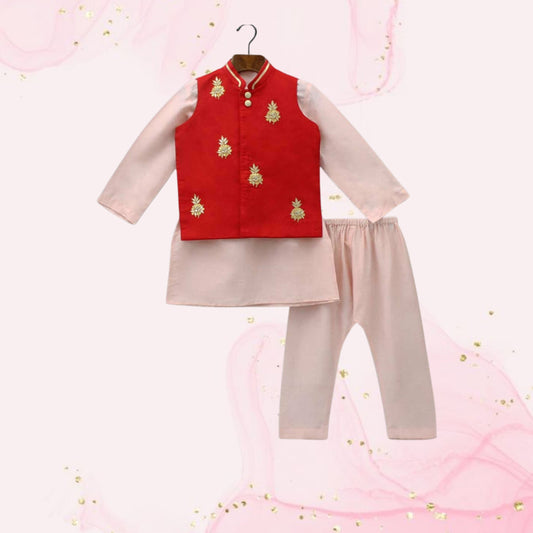 Pre Order: Red Jacket With Gota Work Patch And Kurta With Pyjama