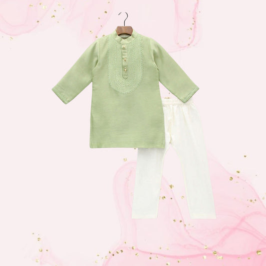 Pre Order: Embroidered Green Kurta And Pyjama