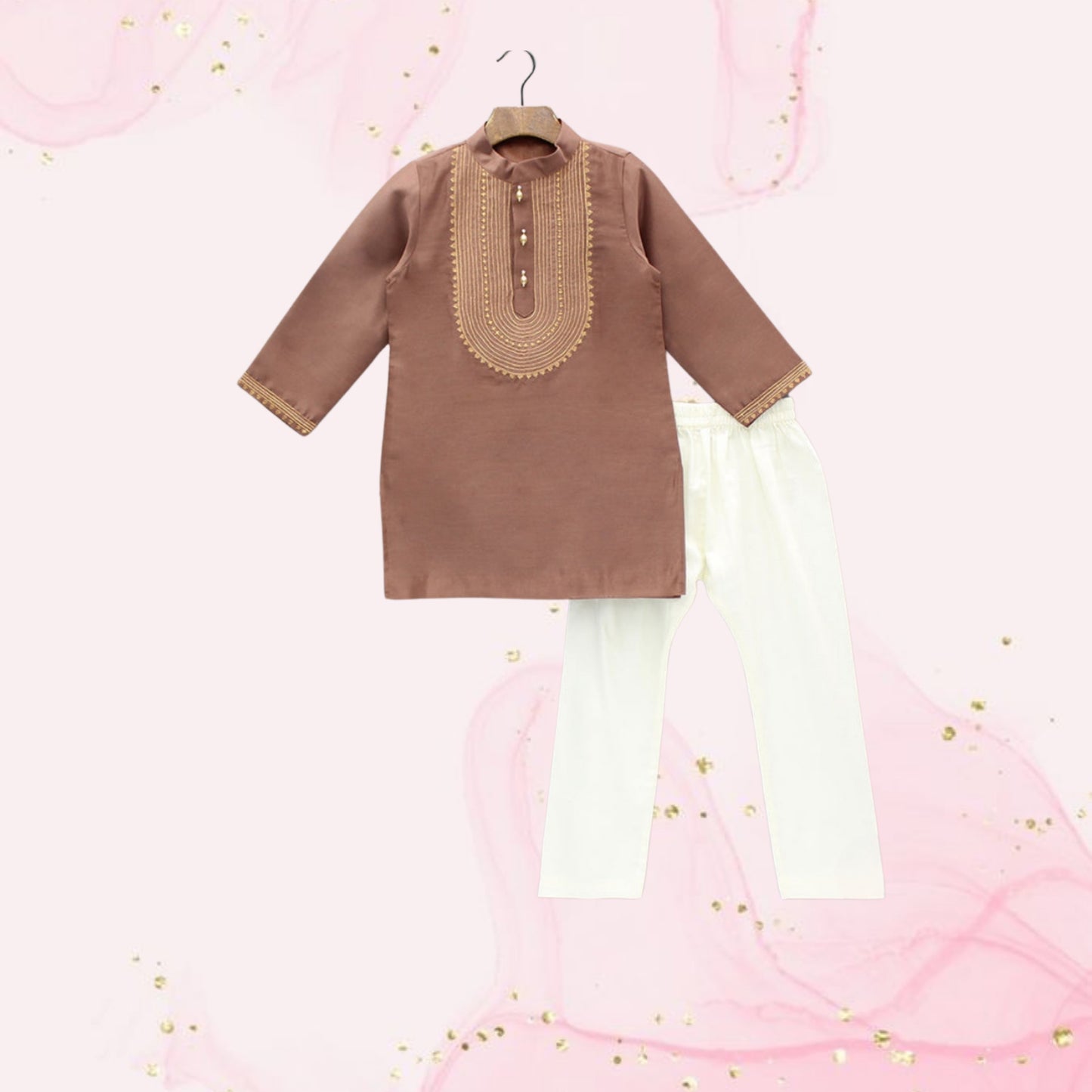 Pre Order: Embroidered Brown Kurta And Pyjama