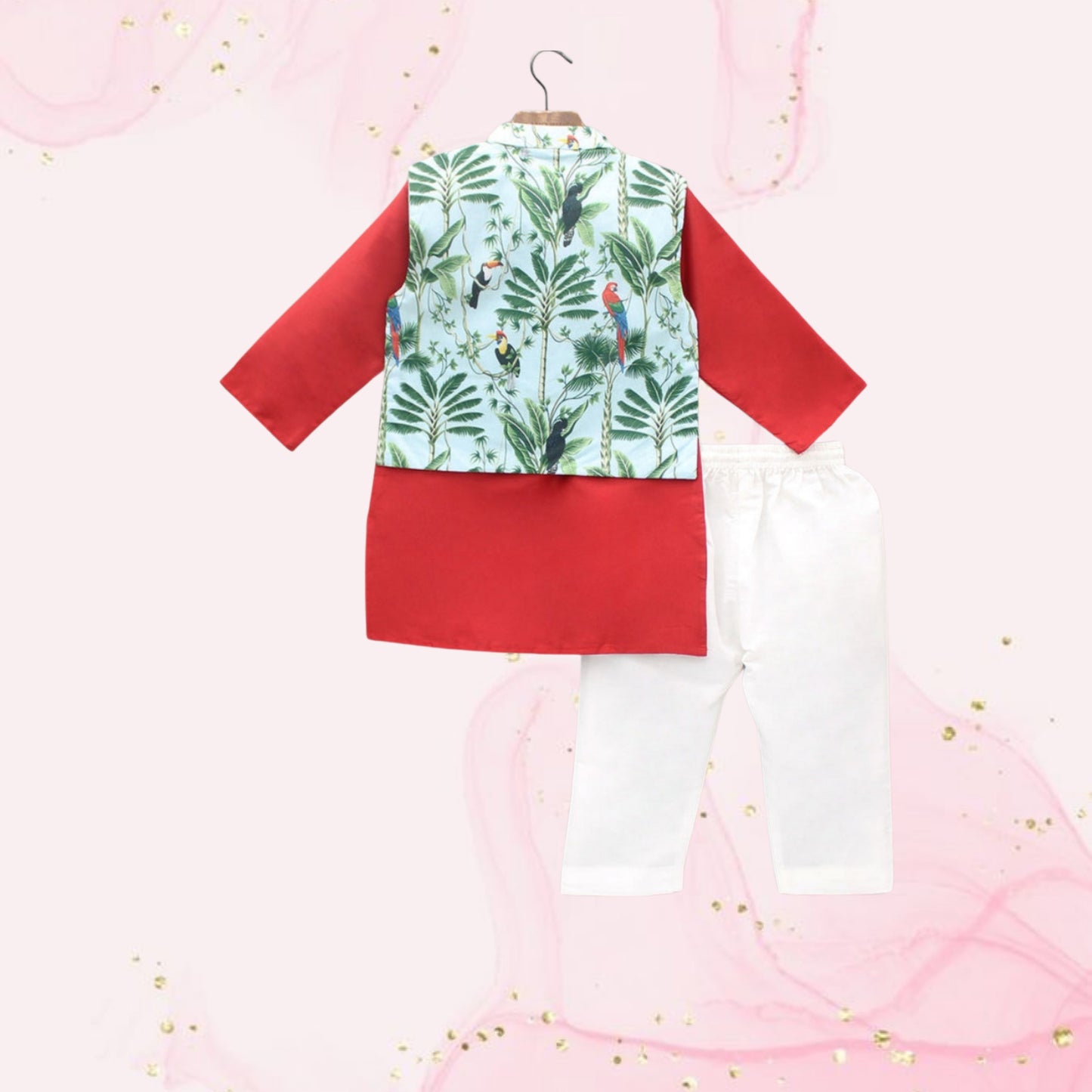 Pre Order: Red Kurta With Jungle Theme Printed Jacket And Pyjama