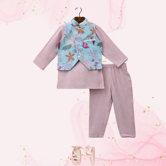 Pre Order: Blue Floral Printed Jacket With Pink Kurta And Pyjama