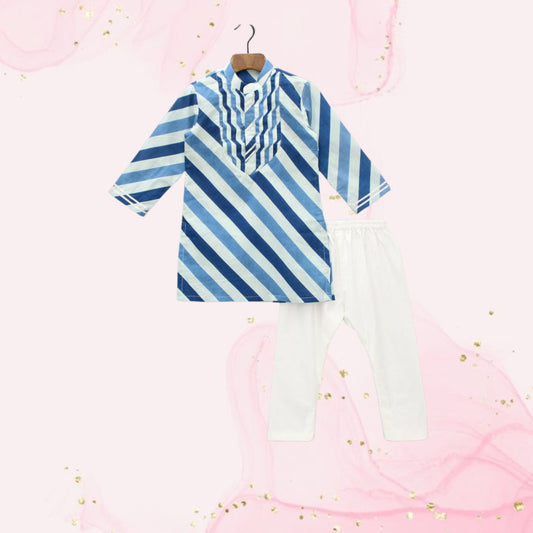 Pre Order: Striped Printed Blue Kurta And Pyjama