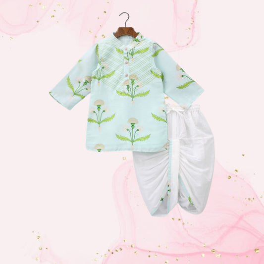 Pre Order: Floral Printed Green Kurta With Dhoti